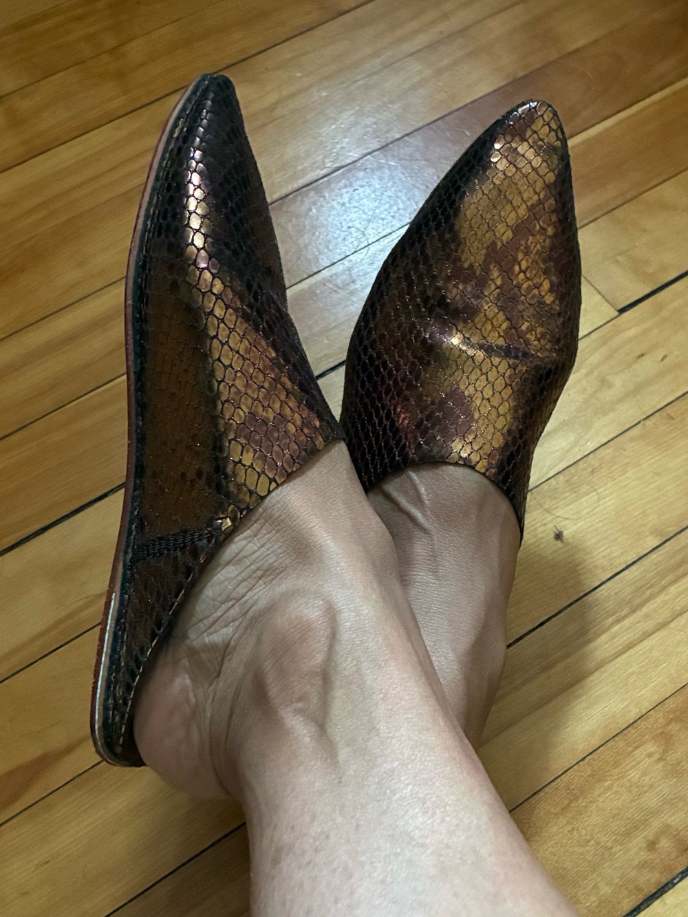 Metallic Bronze Leather Snake-Embossed Babouche Mules - Picture 4 of 4